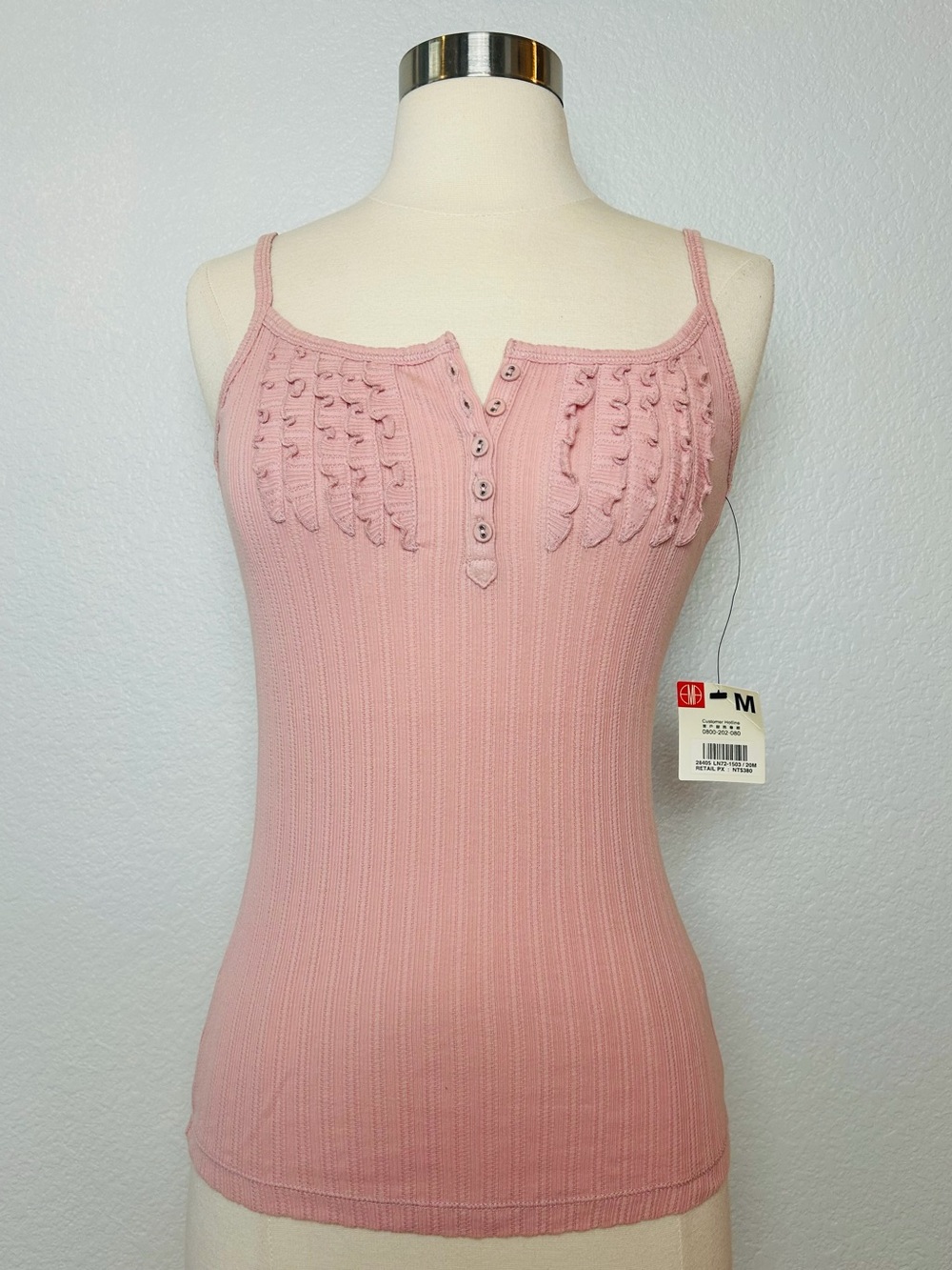 EMA Ribbed Tank Top Women's Size M Pink Ruffle Button Pull Over Stretch NWT